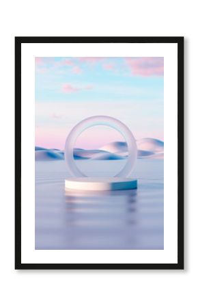 Minimal 3D ring sculpture over soft pastel desert with reflections