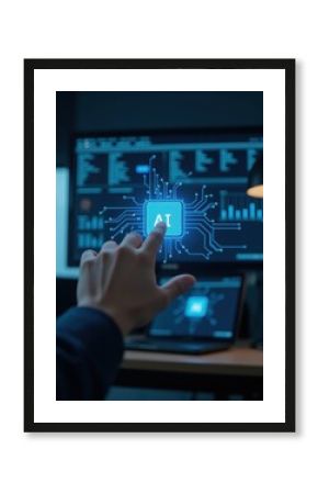Male hand pointing at abstract blue AI chip on blurry background Artificial intelligence hardware hud and innovation concept computer technology cpu microchip digital processor