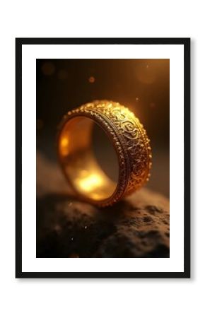 An ornate golden ring with intricate patterns shines brightly against a dark, textured surface, vertical composition. Warm bokeh lights softly illuminate the mystical atmosphere scene.