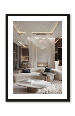 Luxury living room with curved sofa, sculptural lighting, and modern neutral tones. Elegant and artistic home interior.