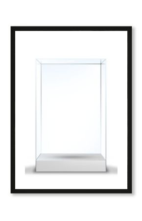 Realistic 3D glass box on teal background. Minimalist mockup with transparent background for product, branding display. Elegant reflections and soft lighting for modern, premium presentations