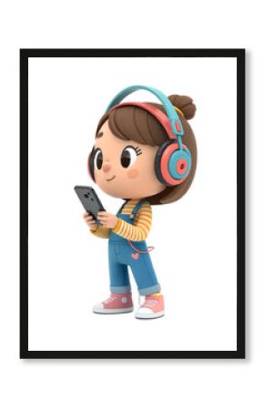 3d style, Cute Girl,  Listening to music from headphones and a phone in her hand. isolated on a transparent background