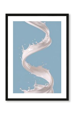 3d render, digital illustration, milk spiral jet, white splash, liquid wave, paint, loops, curvy line, blue background  