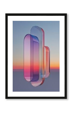 Abstract digital art piece that appears to be a 3d rendering of three overlapping shapes. the shapes are made up of different shades of pink, purple, and orange, creating a gradient effect.