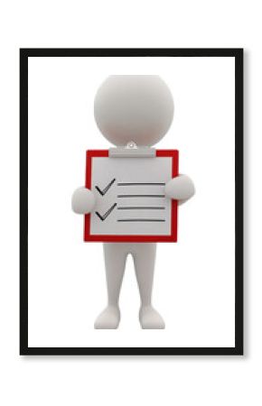 Isolated 3D Stick Figure Holding a Checklist Clipboard