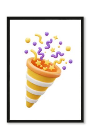 3d icon party popper. Cartoon emoji of birthday confetti explosion.
