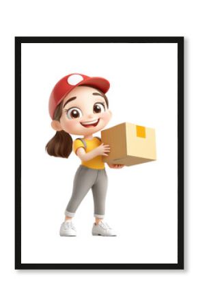 A cheerful and happy 3D cartoon delivery girl holding a box with a bright smile. Designed in a cute and playful style. Isolated on a transparent background