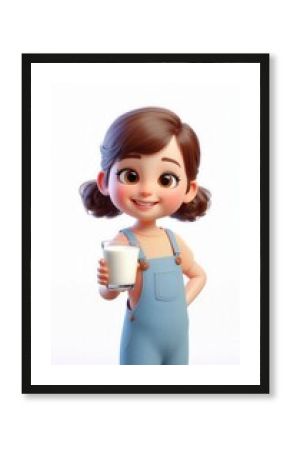 Child holding milk glass studio setting 3d character animation bright background cheerful vibe
