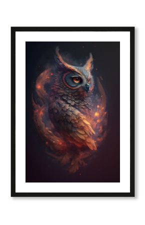Głowa sowy połączona z mgławicą galaktyczną. Sowa na czarnym tle w magicznym, abstrakcyjnym wydaniu. Generative AI
