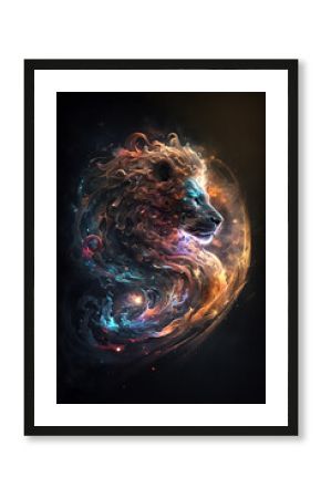 Głowa lwa połączona z mgławicą galaktyczną. Lew na czarnym tle w magicznym, abstrakcyjnym wydaniu. Generative AI