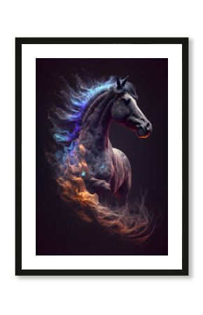 Głowa Konia połączona z mgławicą galaktyczną. Koń na czarnym tle w magicznym, abstrakcyjnym wydaniu. Generative AI