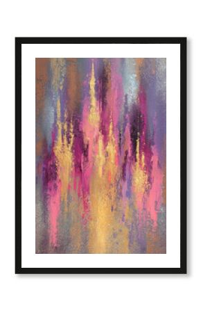 Abstrakcyjny obraz o pionowej orientacji z nałożonymi pociągnięciami złotej, różowej i fioletowej farby w teksturalnym stylu. Przypomina świetlny zamek lub miasto.