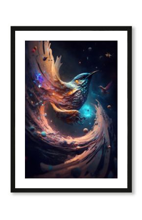 Ptak połączony z mgławicą galaktyczną. Ptak na czarnym tle w magicznym, abstrakcyjnym wydaniu. Generative AI