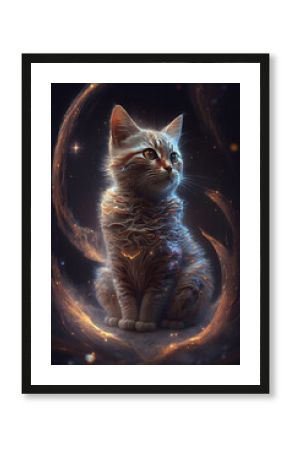 Kot połączony z mgławicą galaktyczną. Kot na czarnym tle w magicznym, abstrakcyjnym wydaniu. Generative AI