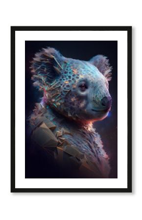 Głowa misia koala połączona z mgławicą galaktyczną. Koala na czarnym tle w magicznym, abstrakcyjnym wydaniu. Generative AI