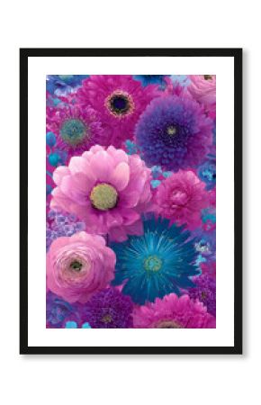 Intensywnie kolorowa, bogata kompozycja różnych kwiatów w odcieniach fuksji, różu, głębokiego fioletu i elektryzującego błękitu, tworząca gęsty wzór.