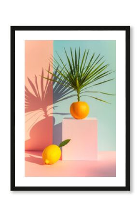 Surrealistyczna kompozycja cytrusów i roślin na pastelowym tle.