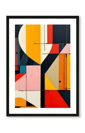 Bold geometric shapes with vivid colors create dynamic harmony.  Sharp lines and structured compositions form a harmonious, minimalistic abstract painting with vivid color contrasts.  