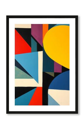 Bold geometric shapes with vivid colors create dynamic harmony.  Sharp lines and structured compositions form a harmonious, minimalistic abstract painting with vivid color contrasts.  