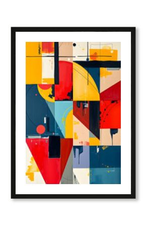 Bold geometric shapes with vivid colors create dynamic harmony.  Sharp lines and structured compositions form a harmonious, minimalistic abstract painting with vivid color contrasts.  