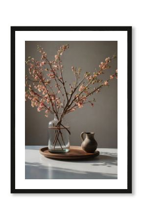 Serene Still Life with Pink Blossoms in Glass Vase