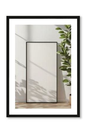 Minimalist interior design scene with blank frame casting soft shadows on white wall, complemented by elegant potted green plant in natural light setting