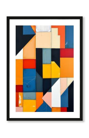 Bold geometric shapes with vivid colors create dynamic harmony.  Sharp lines and structured compositions form a harmonious, minimalistic abstract painting with vivid color contrasts.  