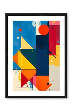 Bold geometric shapes with vivid colors create dynamic harmony.  Sharp lines and structured compositions form a harmonious, minimalistic abstract painting with vivid color contrasts.  