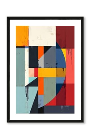 Bold geometric shapes with vivid colors create dynamic harmony.  Sharp lines and structured compositions form a harmonious, minimalistic abstract painting with vivid color contrasts.  