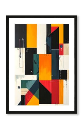 Bold geometric shapes with vivid colors create dynamic harmony.  Sharp lines and structured compositions form a harmonious, minimalistic abstract painting with vivid color contrasts.  