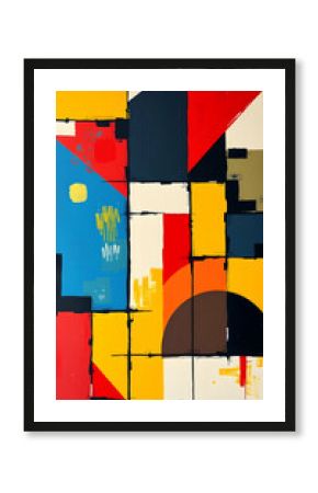 Bold geometric shapes with vivid colors create dynamic harmony.  Sharp lines and structured compositions form a harmonious, minimalistic abstract painting with vivid color contrasts.  