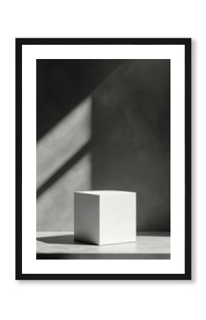 Minimalist white geometric cube casting sharp shadows on textured surface, exploring light, form, and spatial relationships in monochromatic composition