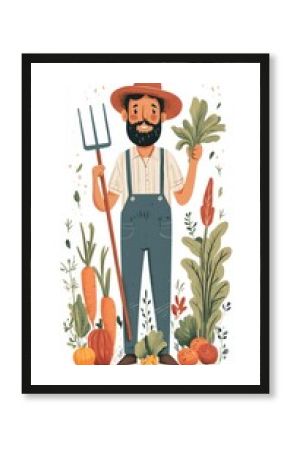 Stylized image of a farmer with a pitchfork and vegetables, flat style on white background.