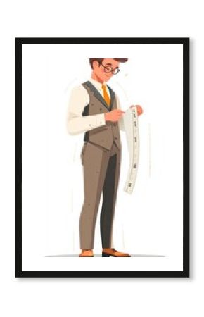 Stylized image of a tailor measuring fabric with a tape, flat style on white background.