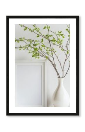 Minimalist home decor scene with delicate green branches in a white ceramic vase beside an empty white picture frame, creating a serene and elegant interior styling composition