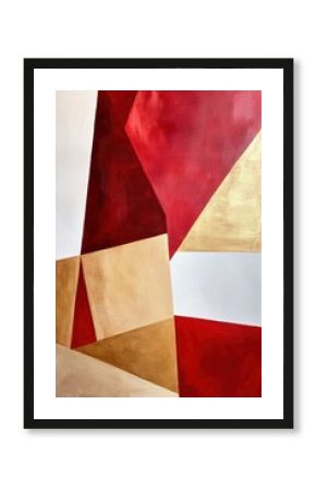 Contemporary Oil Painting with Geometric Shapes in Red and Gold