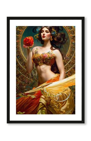 A beautiful woman dressed in a golden dress and exquisite elegant gold ornaments and jewelry. Fantastic illustration of a queen or princess. Generative AI.