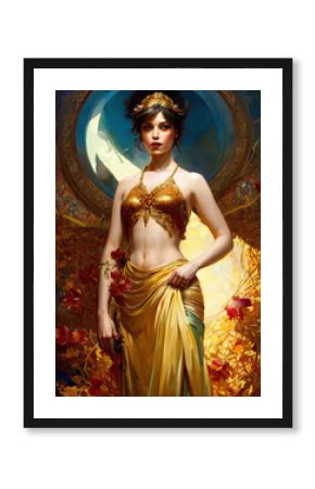 A beautiful woman dressed in a golden dress and exquisite elegant gold ornaments and jewelry. Fantastic illustration of a queen or princess. Generative AI.
