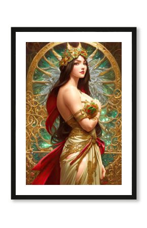 Beautiful Woman With Blonde Hair Dressed in Costume With Golden Intricate Fantasy Ornaments, Realistic 3D Illustration. Generative AI.