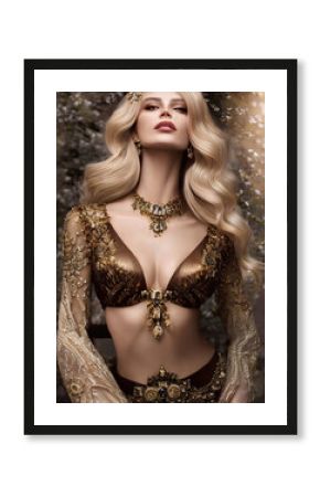 Beautiful Woman With Blonde Hair Dressed in Costume With Golden Intricate Fantasy Ornaments, Realistic 3D Illustration. Generative AI.