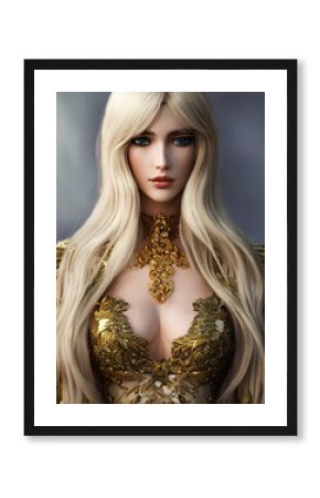 Beautiful Woman With Blonde Hair Dressed in Costume With Golden Intricate Fantasy Ornaments, Realistic 3D Illustration. Generative AI.
