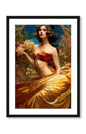 A beautiful woman dressed in a golden dress and exquisite elegant gold ornaments and jewelry. Fantastic illustration of a queen or princess. Generative AI.