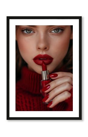 Beautiful model. Red lips and nails manicure . Fashion, beauty and make up portrait. Beautiful model showing red manicure nails, makeup, cosmetics. Studio shot.