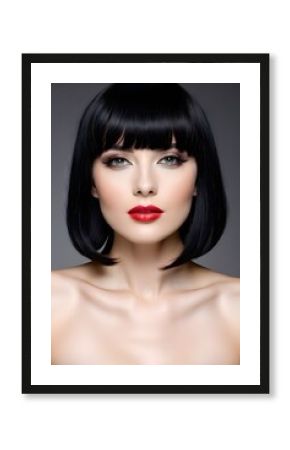 Luxury woman with fashion make-up & bob hairstyle on gray background.
