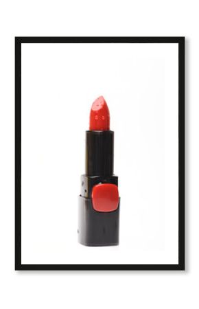 Red lipstick with water droplets, isolated on white background.