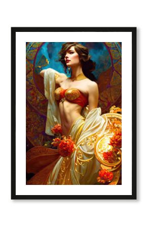 A beautiful woman dressed in a golden dress and exquisite elegant gold ornaments and jewelry. Fantastic illustration of a queen or princess. Generative AI.