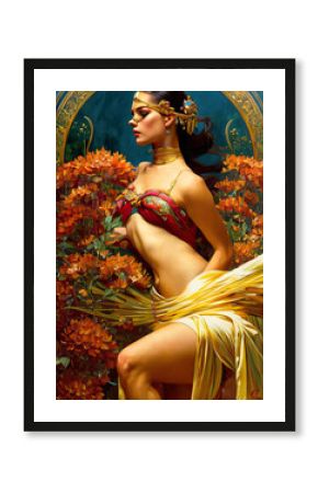 A beautiful woman dressed in a golden dress and exquisite elegant gold ornaments and jewelry. Fantastic illustration of a queen or princess. Generative AI.