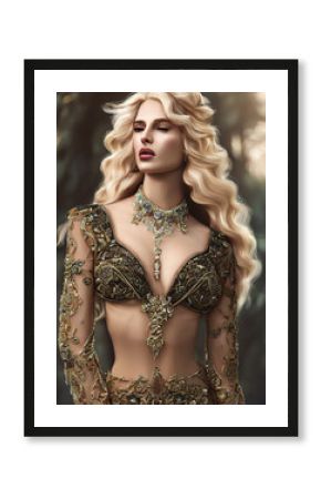 Beautiful Woman With Blonde Hair Dressed in Costume With Golden Intricate Fantasy Ornaments, Realistic 3d Illustration. Generative AI.