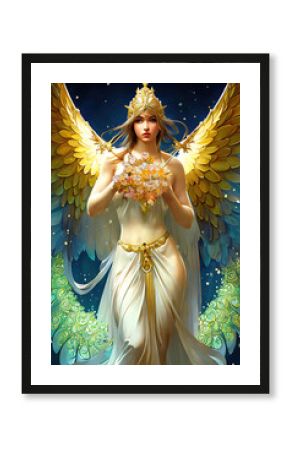 Angel with wings and gold ornaments, beautiful woman as and angelic realistic 3d illustration. Generative AI.