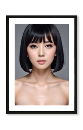 Luxury woman with fashion make-up & bob hairstyle on gray background.